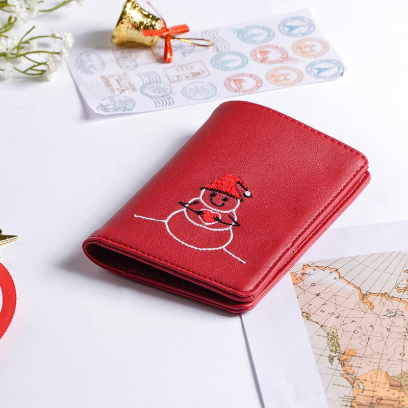 Christmas Snowman Embroidered Passport Cover Red