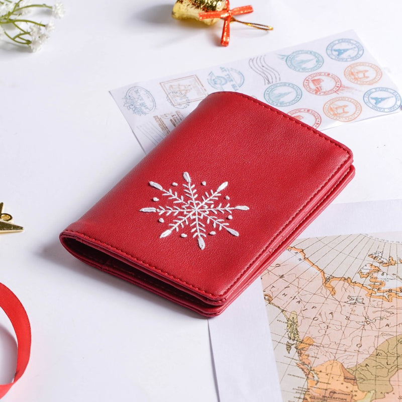 Christmas Snowflake Embroidered Passport Cover Red
