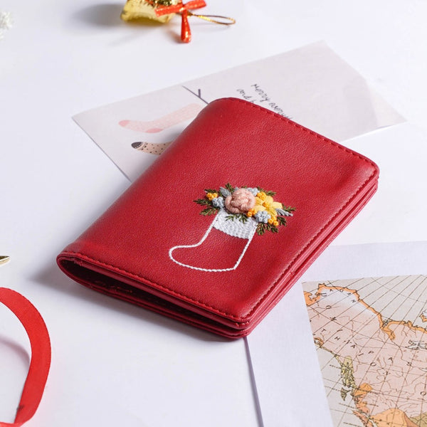 Floret Stocking Embroidered Passport Cover Red
