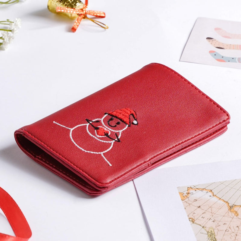 Christmas Snowman Embroidered Passport Cover Red