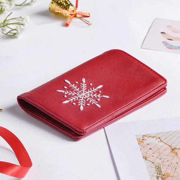 Christmas Snowflake Embroidered Passport Cover Red