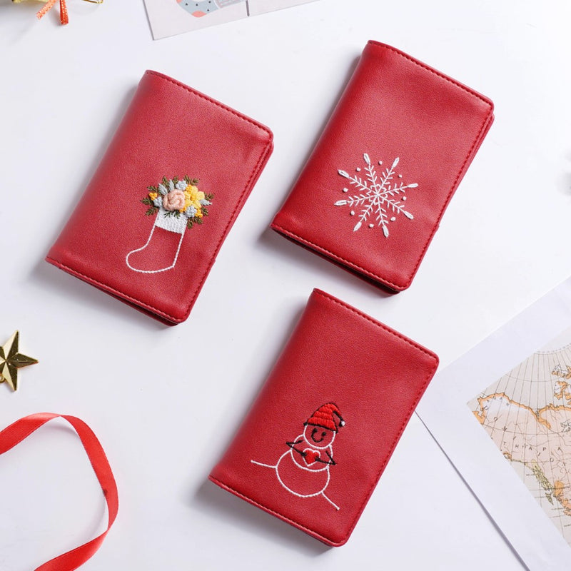 Christmas Snowflake Embroidered Passport Cover Red