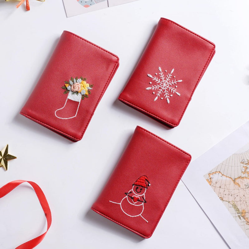 Christmas Snowman Embroidered Passport Cover Red