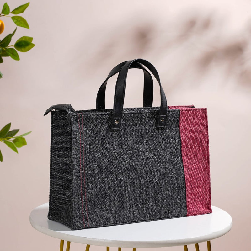 Eco Friendly Jute Lunch Bag Black And Red 15 x 10 Inch