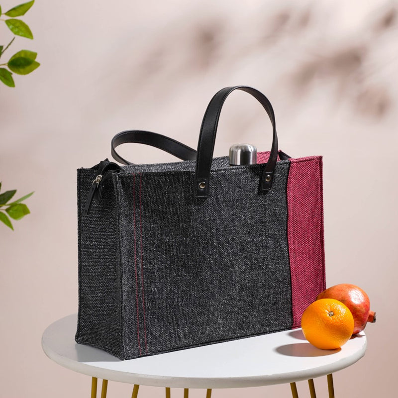 Eco Friendly Jute Lunch Bag Black And Red 15 x 10 Inch