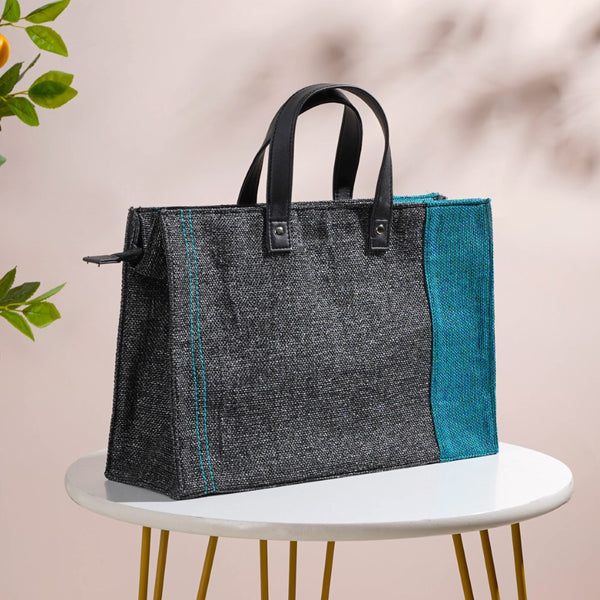 Eco Friendly Jute Lunch Bag Black And Teal 15 x 10 Inch
