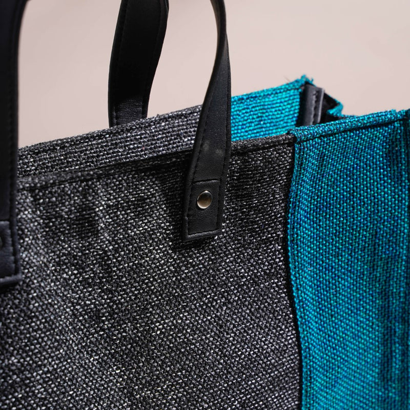 Eco Friendly Jute Lunch Bag Black And Teal 15 x 10 Inch