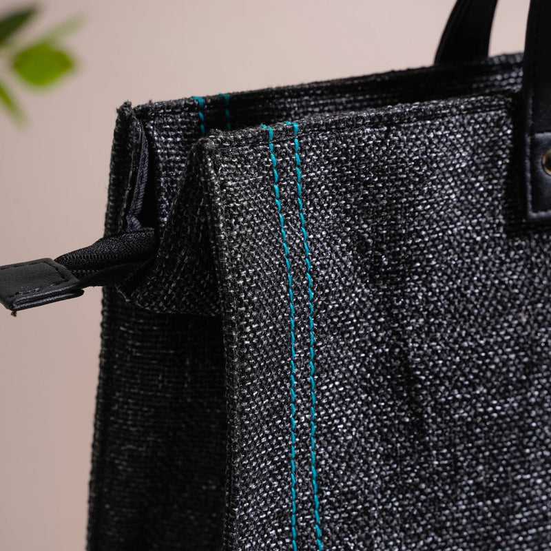 Eco Friendly Jute Lunch Bag Black And Teal 15 x 10 Inch