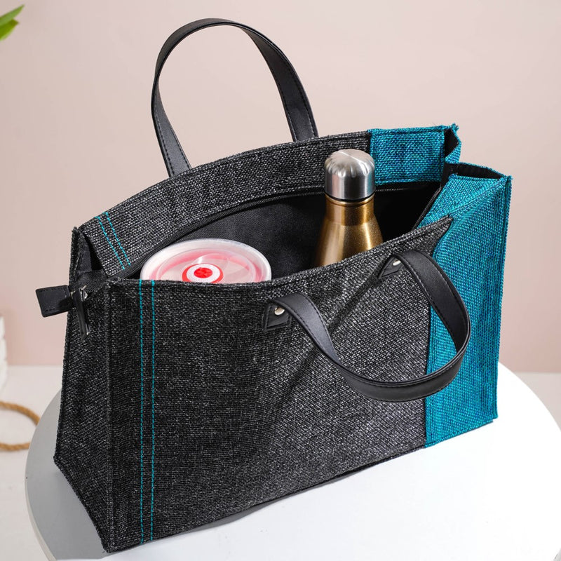 Eco Friendly Jute Lunch Bag Black And Teal 15 x 10 Inch