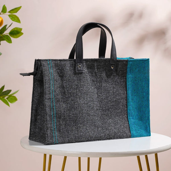 Eco Friendly Jute Lunch Bag Black And Teal 15 x 10 Inch