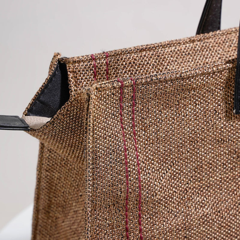 Eco Friendly Jute Lunch Bag Beige And Red 15 x 10 Inch