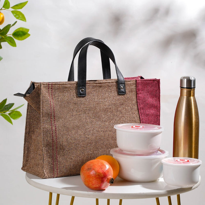 Eco Friendly Jute Lunch Bag Beige And Red 15 x 10 Inch