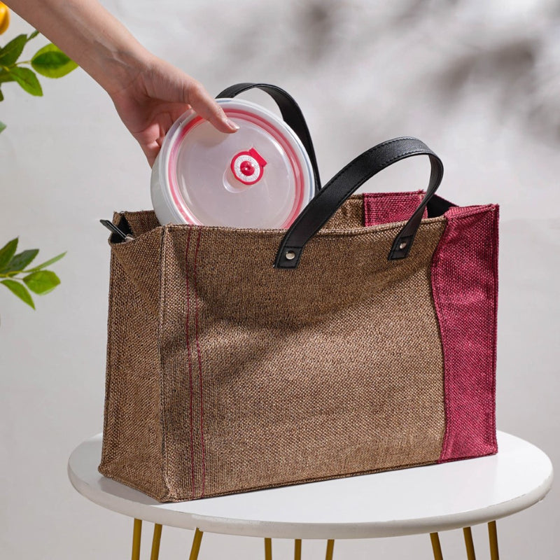 Eco Friendly Jute Lunch Bag Beige And Red 15 x 10 Inch
