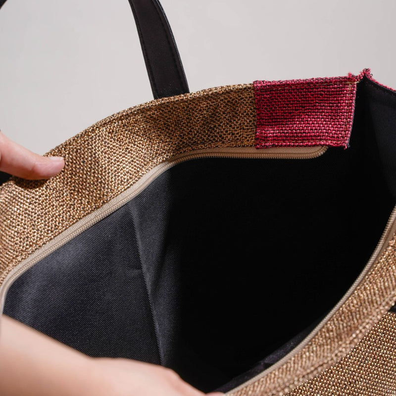 Eco Friendly Jute Lunch Bag Beige And Red 15 x 10 Inch