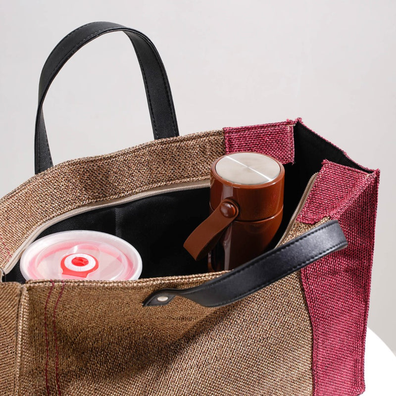 Eco Friendly Jute Lunch Bag Beige And Red 15 x 10 Inch