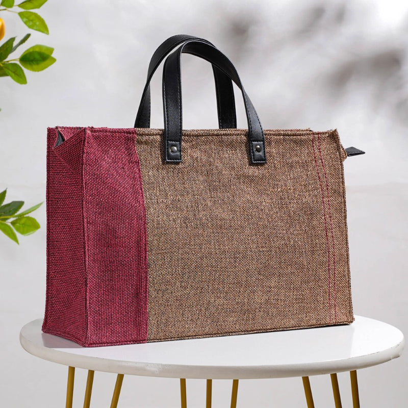 Eco Friendly Jute Lunch Bag Beige And Red 15 x 10 Inch