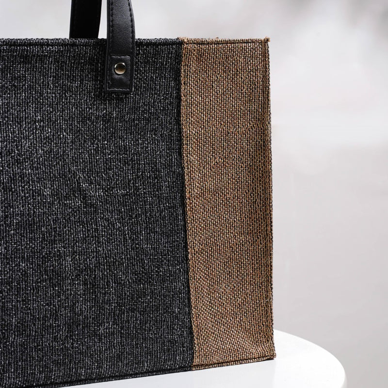 Eco Friendly Jute Lunch Bag Black And Beige 15 x 10 Inch