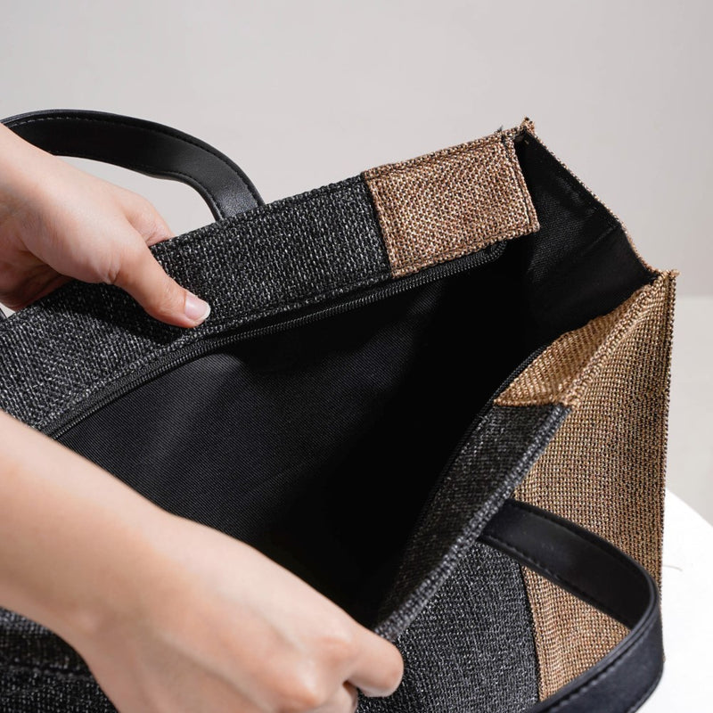 Eco Friendly Jute Lunch Bag Black And Beige 15 x 10 Inch