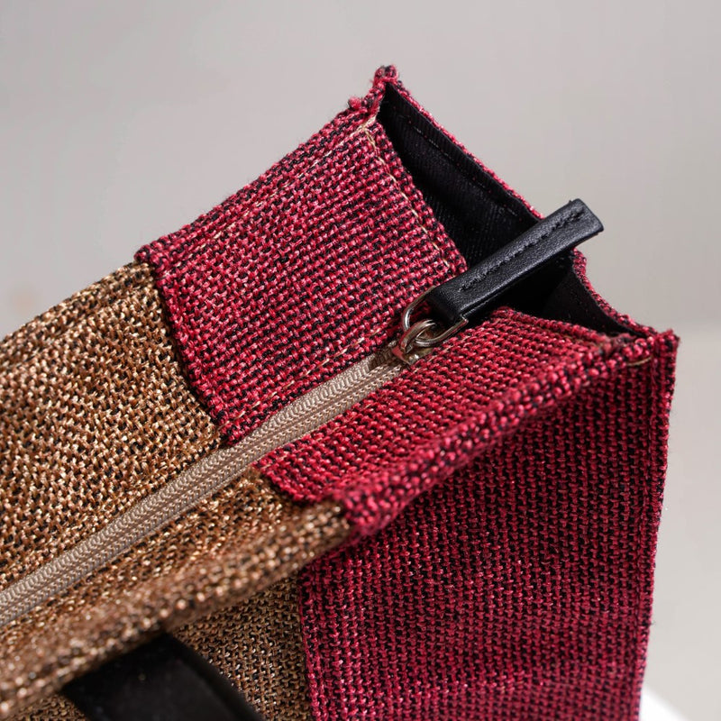 Eco Friendly Jute Lunch Bag Beige And Red 15 x 10 Inch