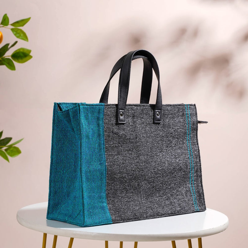 Eco Friendly Jute Lunch Bag Black And Teal 15 x 10 Inch