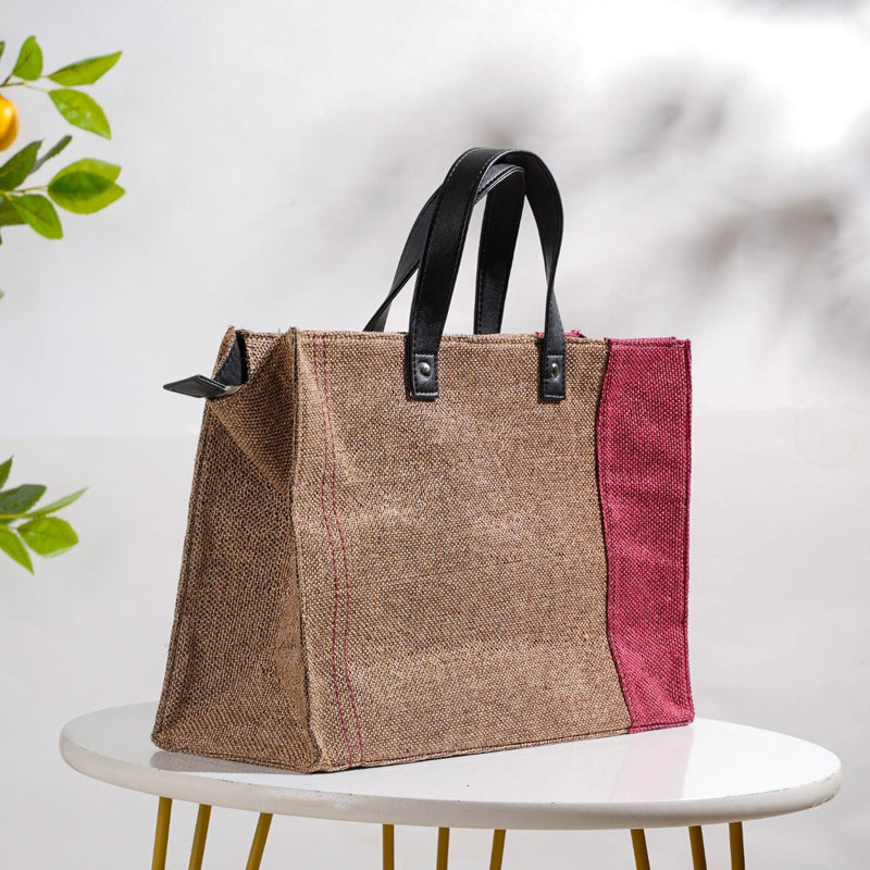 Eco Friendly Jute Lunch Bag Beige And Red 15 x 10 Inch