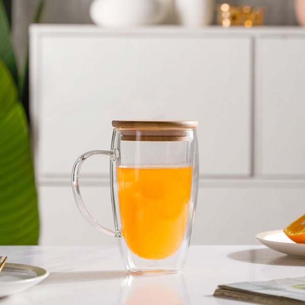 Modern Double Walled Glass Mug With Lid 450 ML- Mug for coffee, tea mug, cappuccino mug | Cups and Mugs for Coffee Table & Home Decor