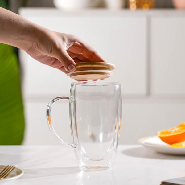 Modern Double Walled Glass Mug With Lid 450 ML- Mug for coffee, tea mug, cappuccino mug | Cups and Mugs for Coffee Table & Home Decor