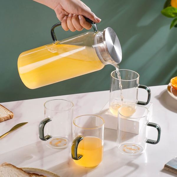 Juice Glass Jug, Cup And Tray Set Of 6 - Tea set, glass jug set, glassware set | Drinkware set for Dining table & Home decor