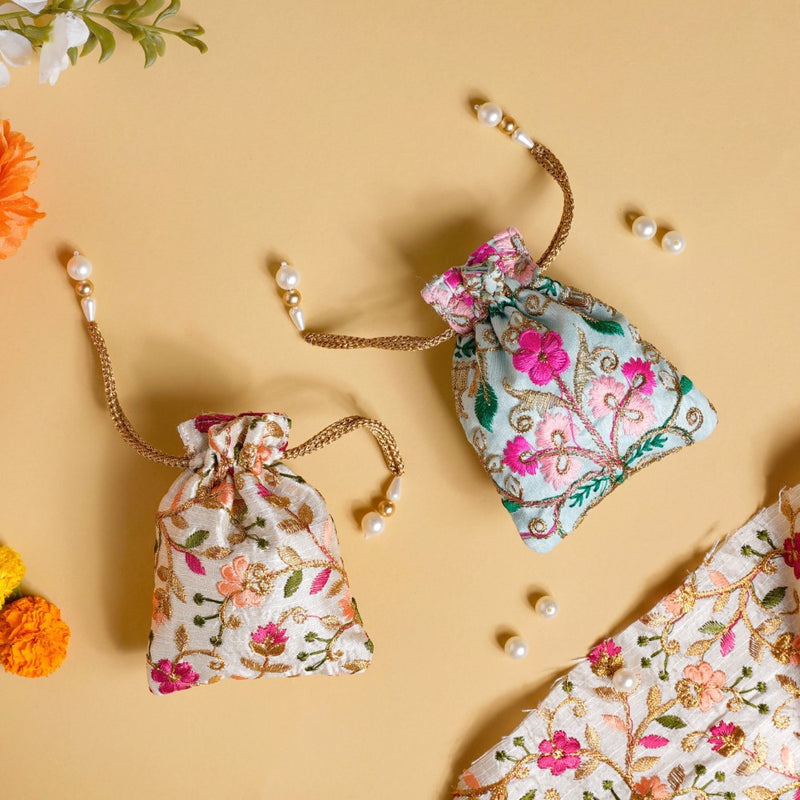 Aiyana Zari Floral Patterned Shagun Potli Bag Set Of 2
