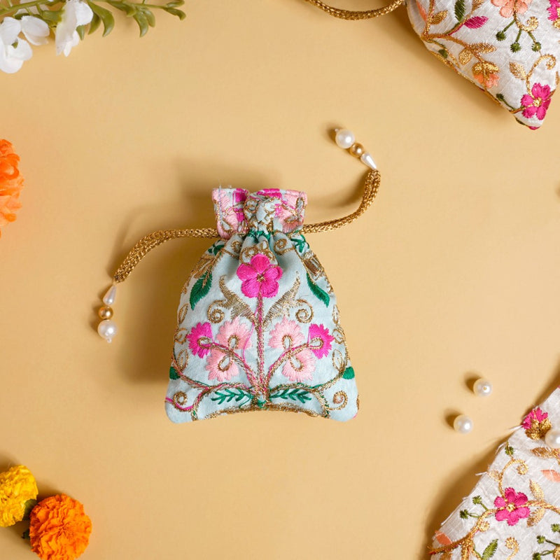 Aiyana Zari Floral Patterned Shagun Potli Bag Set Of 2