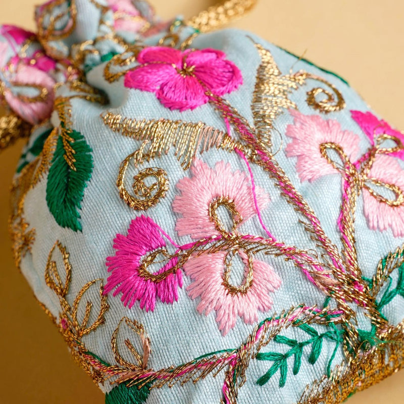 Aiyana Zari Floral Patterned Shagun Potli Bag Set Of 2