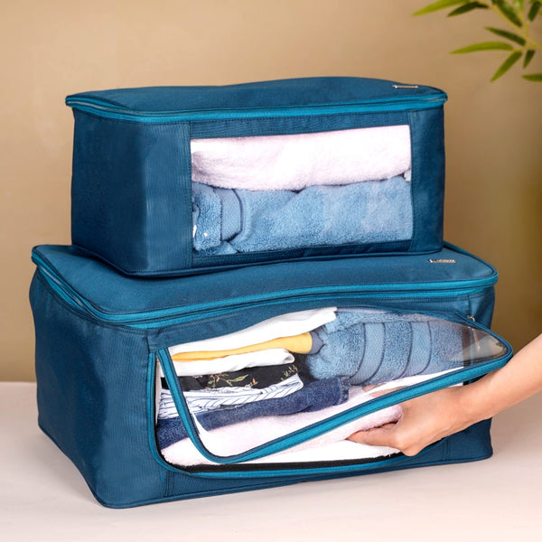 ACORMEK Underbed Blanket Storage Bag for Wardrobe Organizer Blanket Cover  with a large Transparent Window and Side Handles Zipper Closure Protect  from DustPack of 2 Nonwoven Square