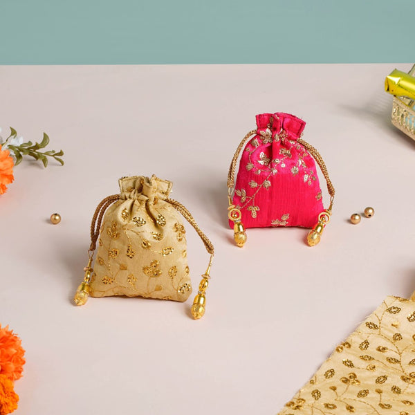 Kimaya Zari Floral Embroidered Shagun Potli Bag Set Of 2