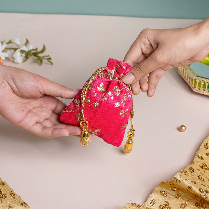 Kimaya Zari Floral Embroidered Shagun Potli Bag Set Of 2