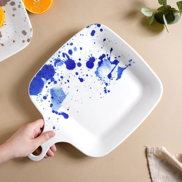 Splash Patterned Blue Snack Plate With Handle 13.5 Inch - Serving plate, snack plate, dessert plate | Plates for dining & home decor