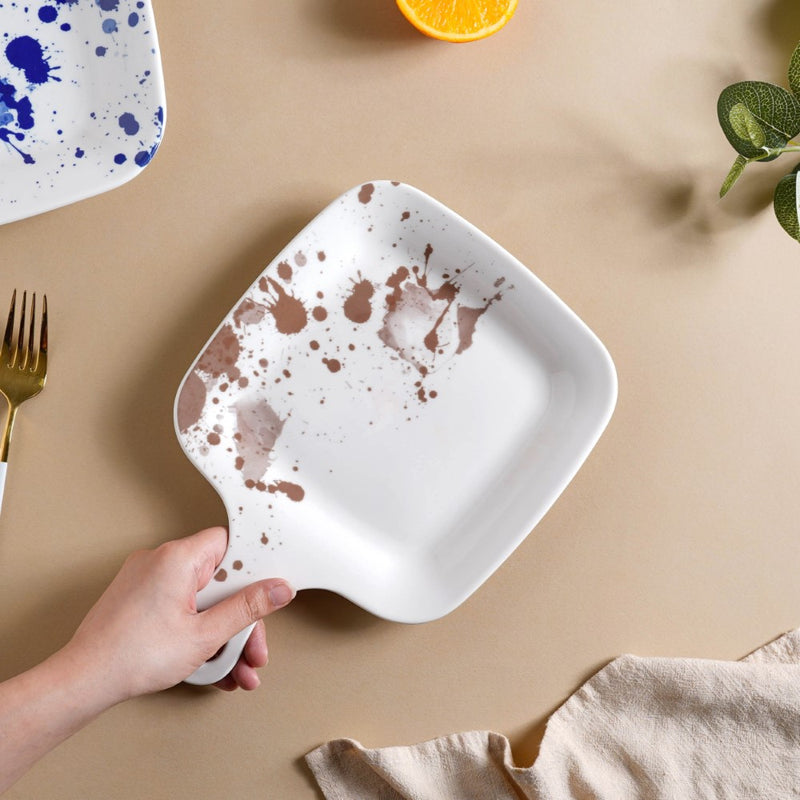 Splash Patterned Snack Plate With Handle Brown 11 Inch - Serving plate, snack plate, dessert plate | Plates for dining & home decor