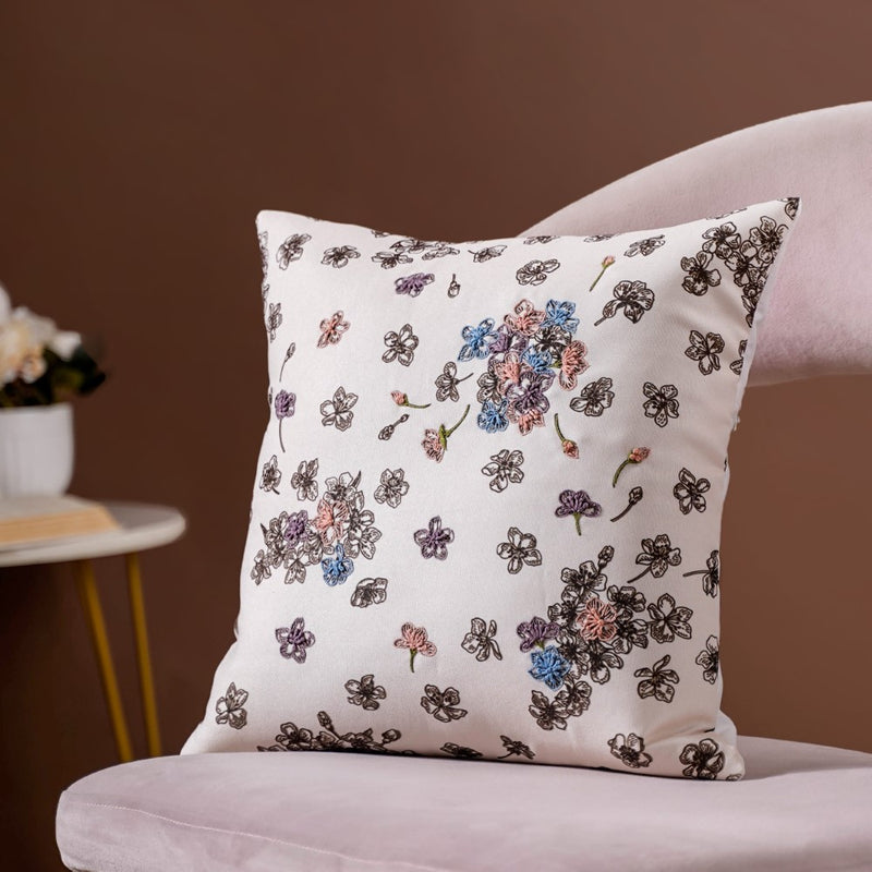 Floral Threadwork Cushion Cover Multicolour 16 x 16 Inch