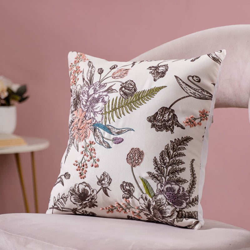 Hand Embroidered Spring Floral Cushion Cover 16 x 16 Inch