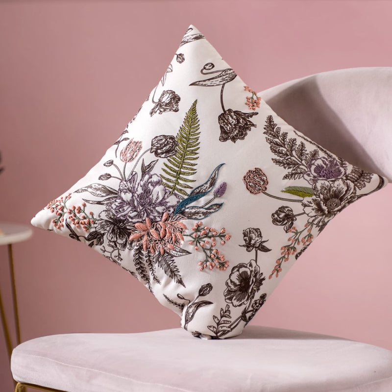 Hand Embroidered Spring Floral Cushion Cover 16 x 16 Inch