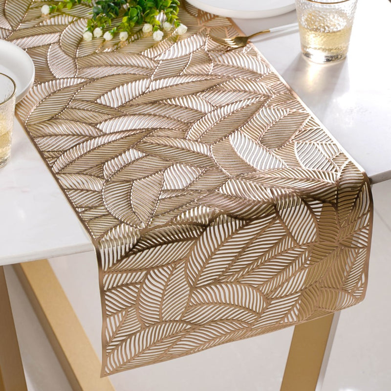 Luxe Leaves Table Runner Gold 71.5x14 Inch