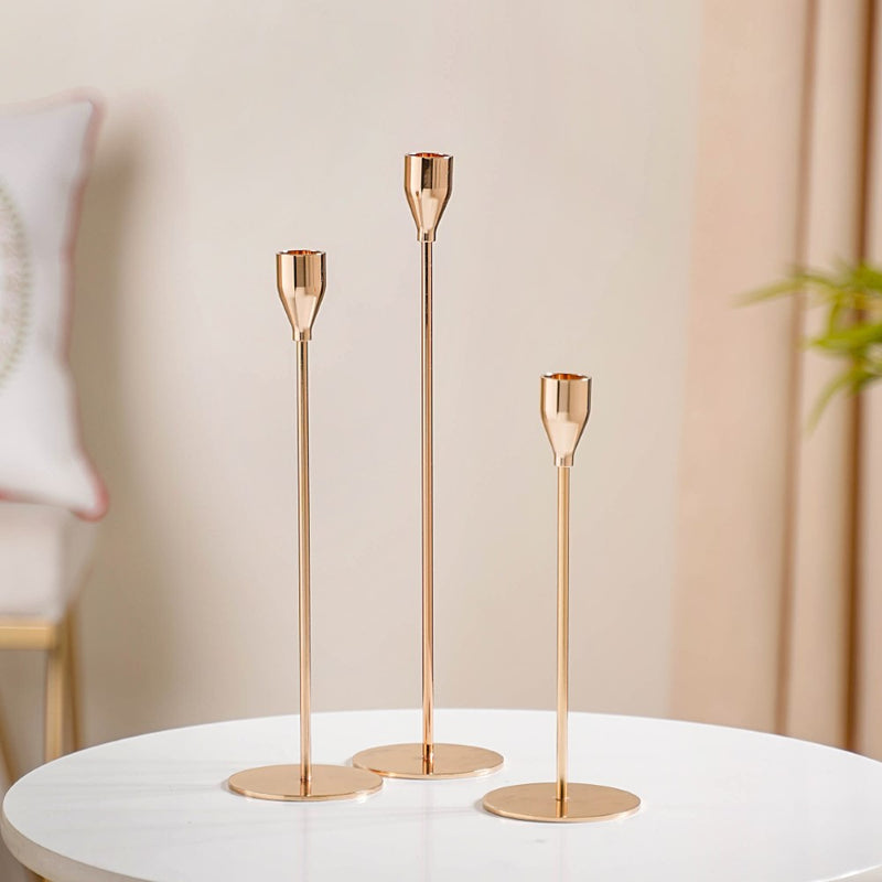 Gold Taper Candle Holder Set Of 3 - Nordic candle holder set, gold metal decor, modern candle holders, stylish home accessories
