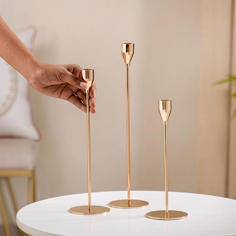 Gold Taper Candle Holder Set Of 3 - Nordic candle holder set, gold metal decor, modern candle holders, stylish home accessories