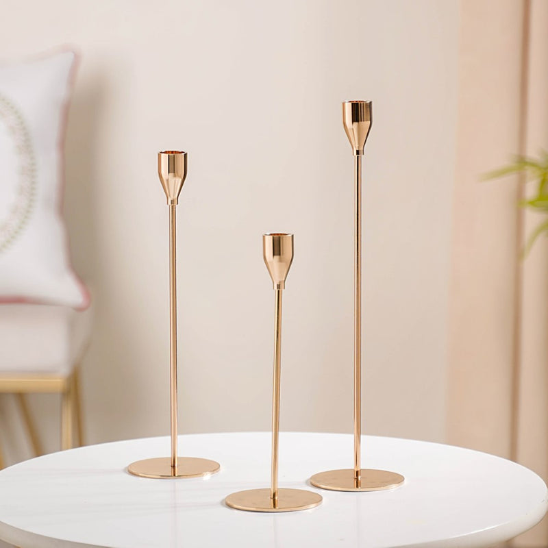Gold Taper Candle Holder Set Of 3 - Nordic candle holder set, gold metal decor, modern candle holders, stylish home accessories