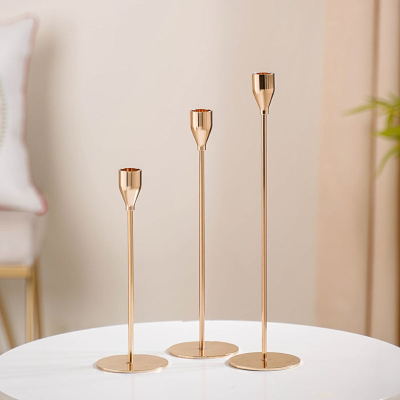 Gold Taper Candle Holder Set Of 3 - Nordic candle holder set, gold metal decor, modern candle holders, stylish home accessories