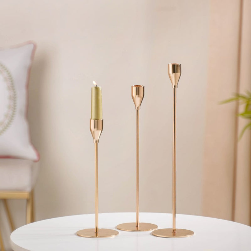 Gold Taper Candle Holder Set Of 3 - Nordic candle holder set, gold metal decor, modern candle holders, stylish home accessories
