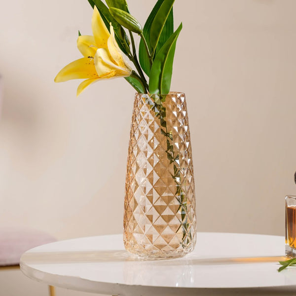 Diamante Glass Flower Vase Amber - Glass flower vase for home decor, office and gifting | Room decoration items
