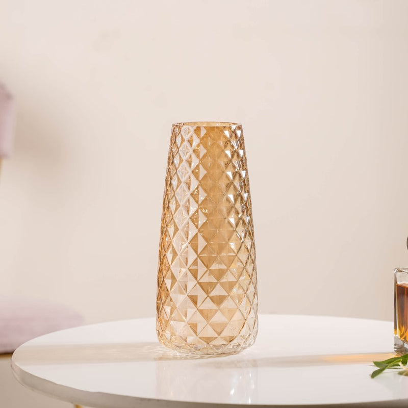 Diamante Glass Flower Vase Amber - Glass flower vase for home decor, office and gifting | Room decoration items