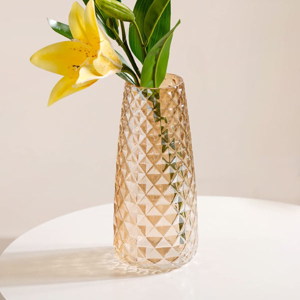 Diamante Glass Flower Vase Amber - Glass flower vase for home decor, office and gifting | Room decoration items