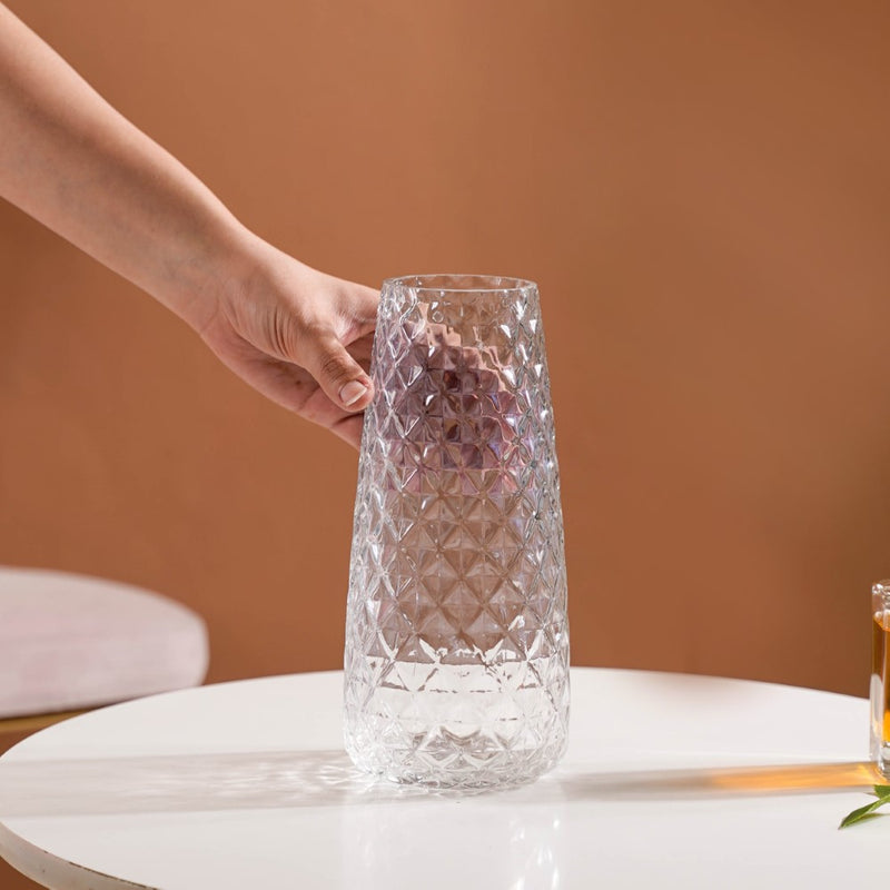 Diamante Clear Glass Flower Vase- Diamante Glass, Glass Vase, Translucent Flower Vase, Decorative Glass Vase, Elegant Diamante Vase