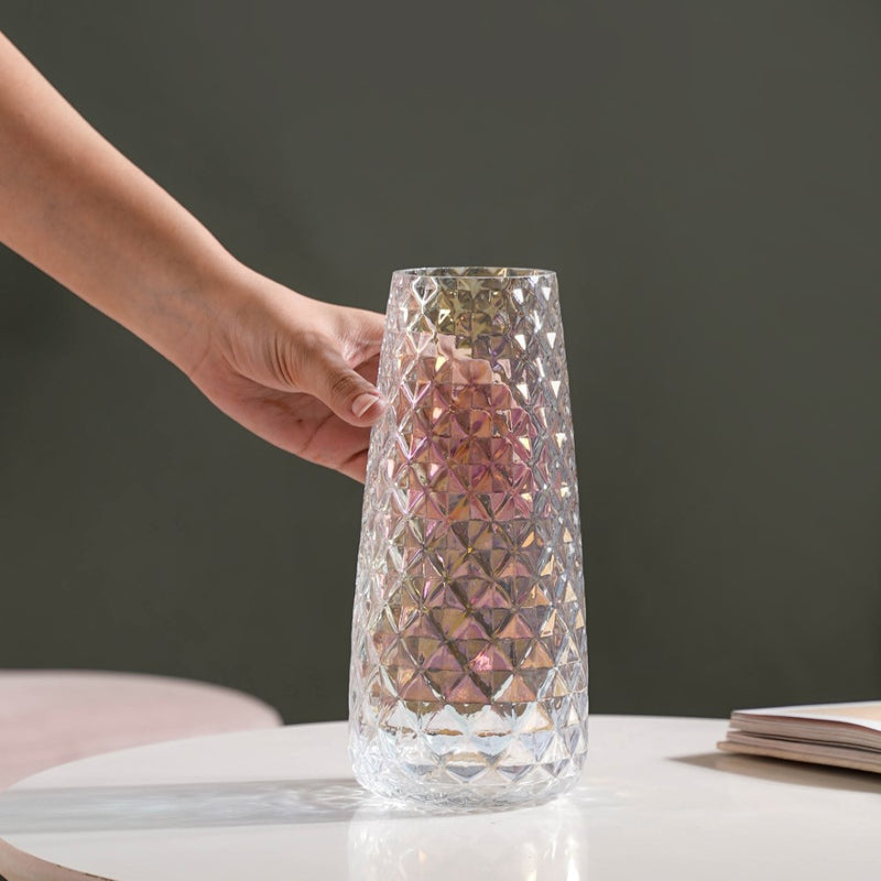 Diamante Glass Flower Vase Iridescent - Glass flower vase for home decor, office and gifting | Room decoration items